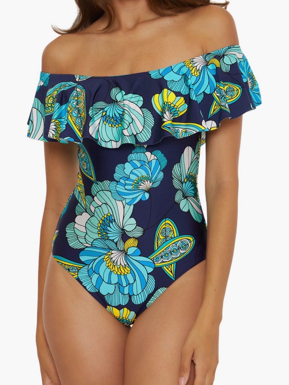 NWT Trina Turk Pirouette Ruffle Off-the-Shoulder One-Piece Swimsuit Size 10